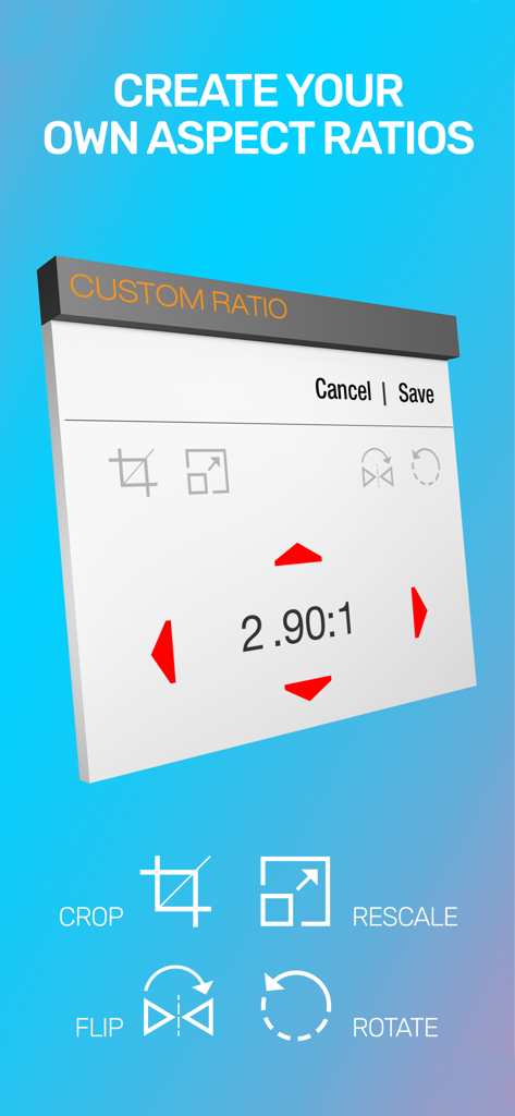 Guerrilla Filmmaker: Camera - A screen from the Guerrilla Filmmaker app showing custom aspect ratio settings with crop rescale flip and rotate tools