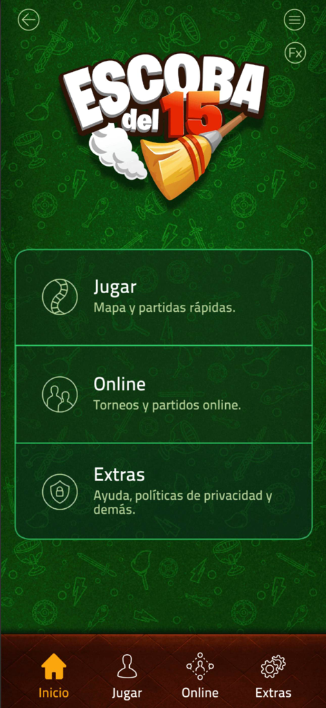 Main menu screen of the Escoba Blyts mobile card game showing options for playing and online matches