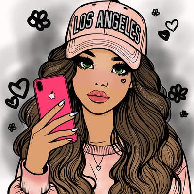 realistic beautiful girl wearing los ángeles cap holding an iphone