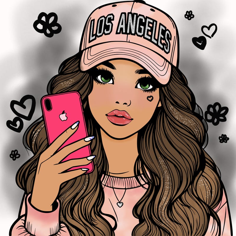 realistic beautiful girl wearing los ángeles cap holding an iphone