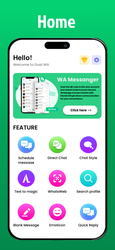 Messanger Duo For WA Chat 2025 - Pantalla de inicio de Messenger Duo que muestra la configuración de chat dual de WhatsApp e iconos de utilidad, incluyendo programar mensaje y chat directo.