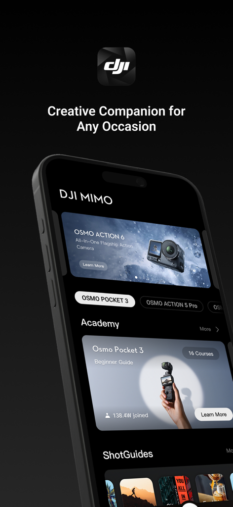 Interfaccia dell'app DJI Mimo con modelli di fotocamere Osmo e tutorial dell'accademia dei creator.