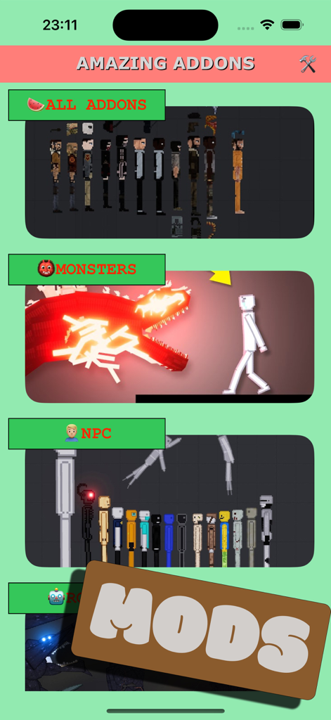 Addons for Ragdoll Mod - Menu of the Addons for Ragdoll Mod app showing categories for monsters and NPCs