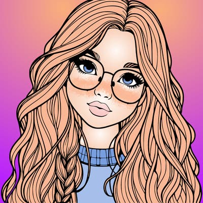 girl with long hair and freckles and glasses realistic