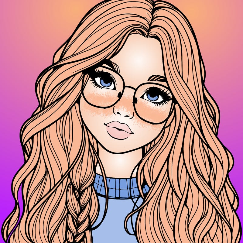 girl with long hair and freckles and glasses realistic