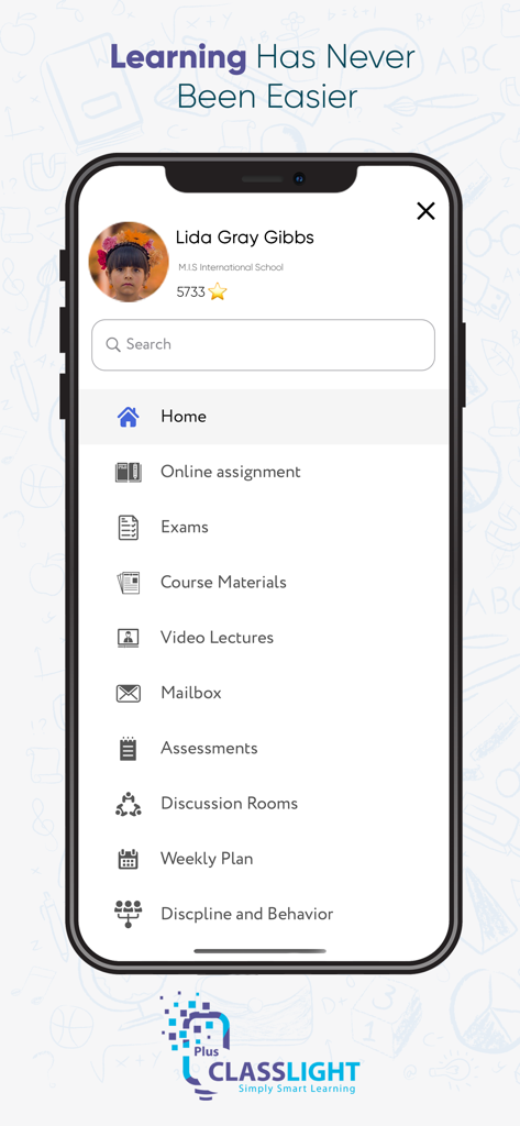 Classlight - Classlight mobile app menu interface showing educational features like assignments exams and course materials