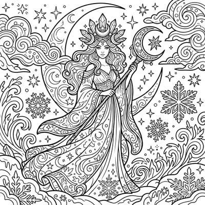 Step into a magical frozen realm with this enchanting Moon Goddess coloring page. Adorned with celestial ice and surrounded by delicate snowflakes, she brings divine winter beauty to life.