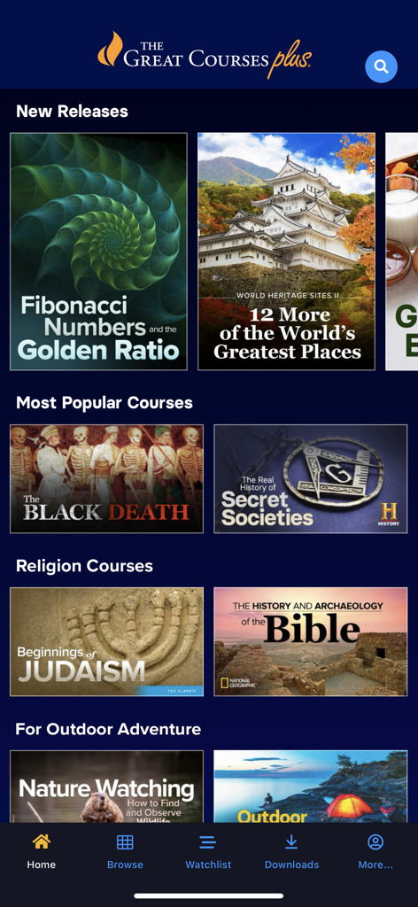 The Great Courses Plus - Home screen of The Great Courses Plus app showing educational categories like New Releases and Most Popular Courses