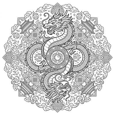 Unleash your creativity with this stunning Dragon Dance Mandala, showcasing a powerful Chinese dragon intricately woven into a symmetrical, captivating design. Perfect for adults and teens seeking a unique and calming coloring experience.
