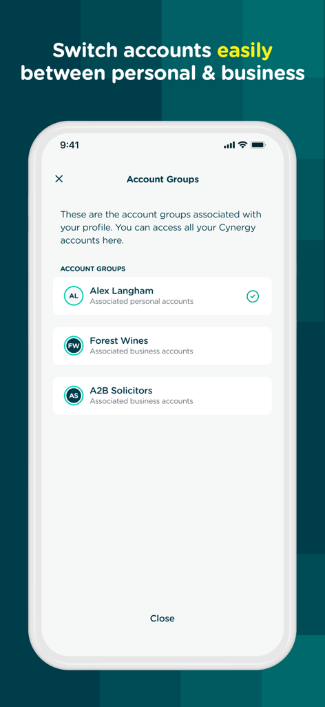 Pantalla de la aplicación de Cynergy Bank que muestra la opción de cambiar fácilmente entre grupos de cuentas personales y de empresa