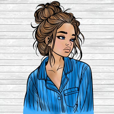 realistic woman with pajamas on and a messy bun