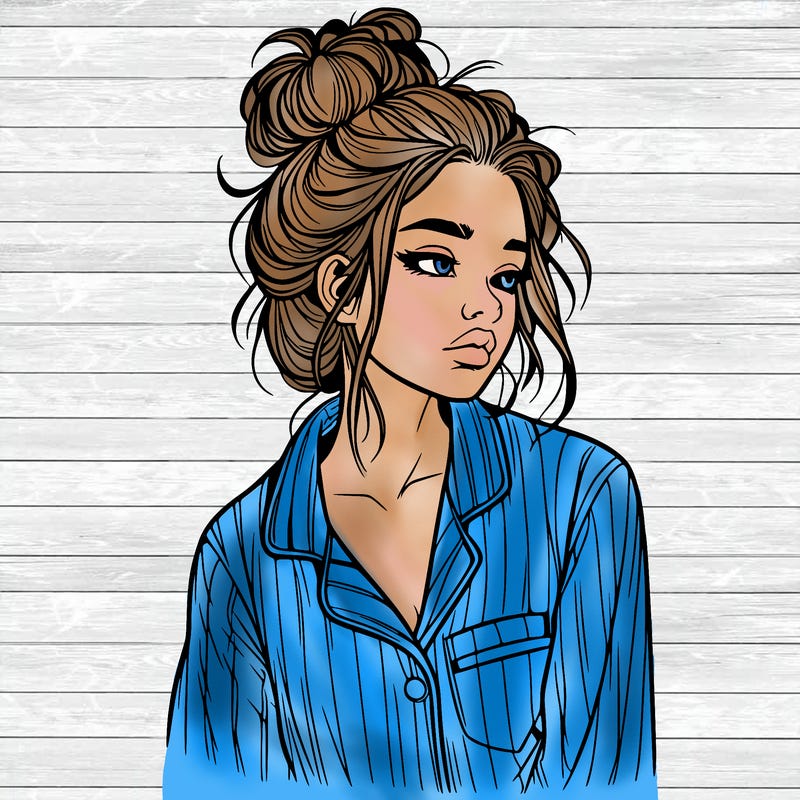 realistic woman with pajamas on and a messy bun