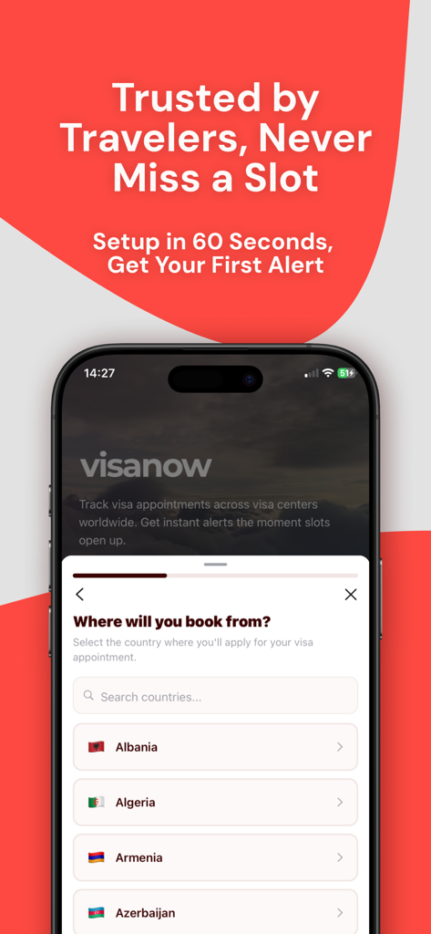 VisaNow: Find Visa Appointment - VisaNow app screen showing the country selection for tracking visa appointment availability