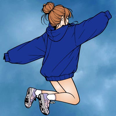 realistic girl jumping with a bun and oversized sweatshirt