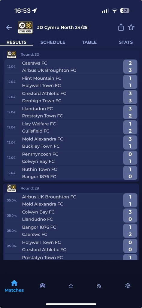 Cymru Football app showing match results for the JD Cymru North 24 25 football season.