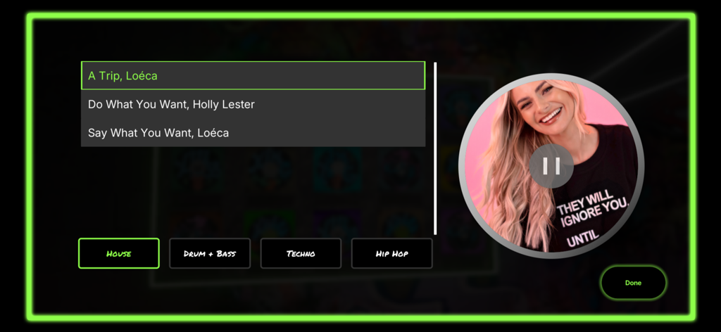 Xing 360 - Pantalla de selección de música de Xing 360 mostrando listas de pistas y géneros de baile como house y techno.