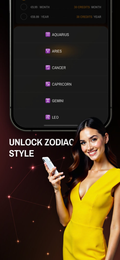 A woman in a yellow dress using the Zodiac Style feature in the Look Swap Me app