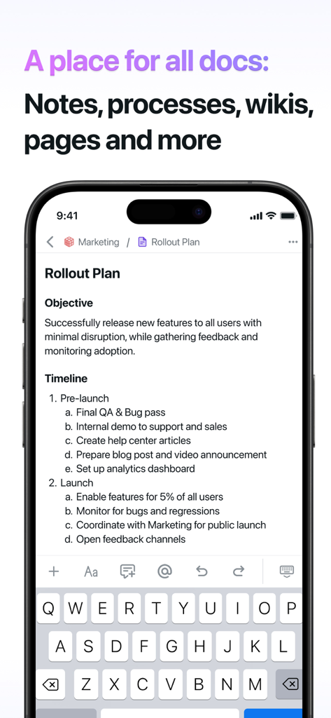 Motion app showing a project rollout plan with objective and timeline