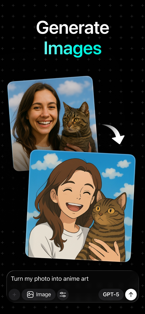 AI Chat Assistant – ChatNow - ChatNow app interface showing the transformation of a real photo into anime style art using AI