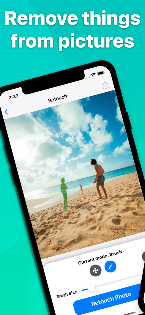 Retouch Photos: Remove Objects - Pantalla de iPhone mostrando la interfaz de la aplicación Retouch Photos eliminando a una persona de una foto de playa usando la herramienta de pincel.