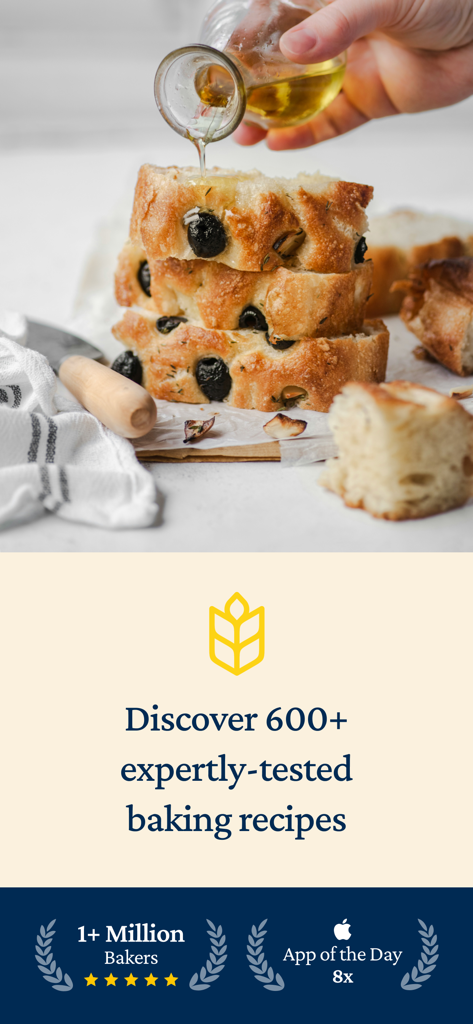 Olive focaccia bread being drizzled with oil and a text overlay promoting 600 plus baking recipes with app awards