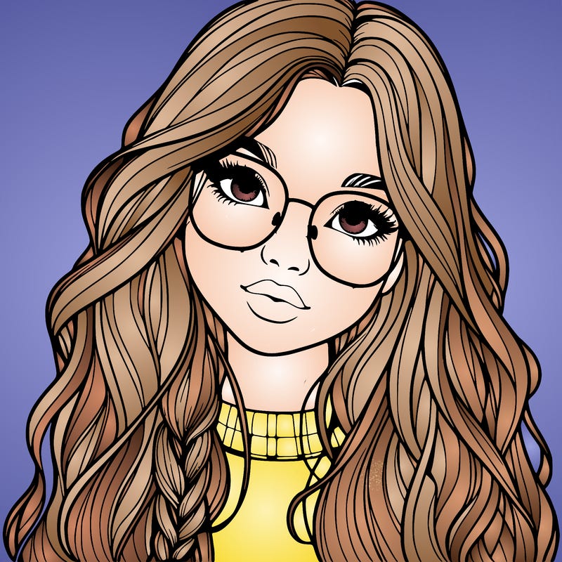 girl with long hair and freckles and glasses realistic