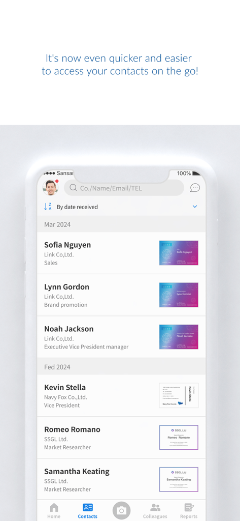 Sansan - Sansan mobile app screen displaying a list of professional contacts with their digitized business cards.