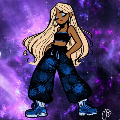 girl in baggy pants crop top and long hair