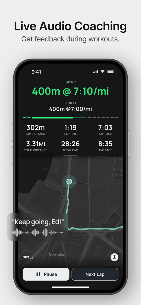 A smartphone displaying the Runna app interface with live audio coaching, running metrics, and map tracking during a workout.