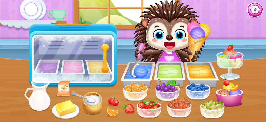 Kids Cooking Game 2+ year olds - A cute hedgehog making an ice cream cone with colorful scoops and various fruit toppings in a kids educational cooking game.