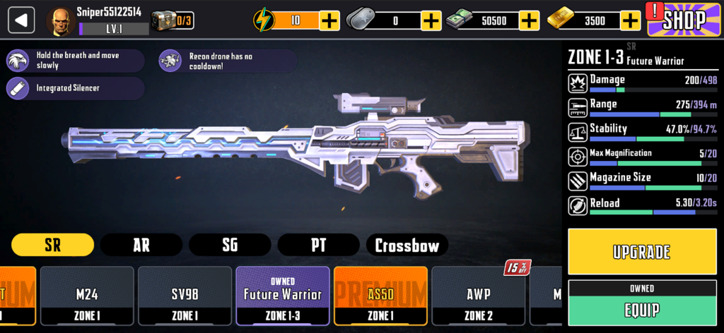 Weapon upgrade menu in Ghost Shooting showing a futuristic sniper rifle and its combat stats