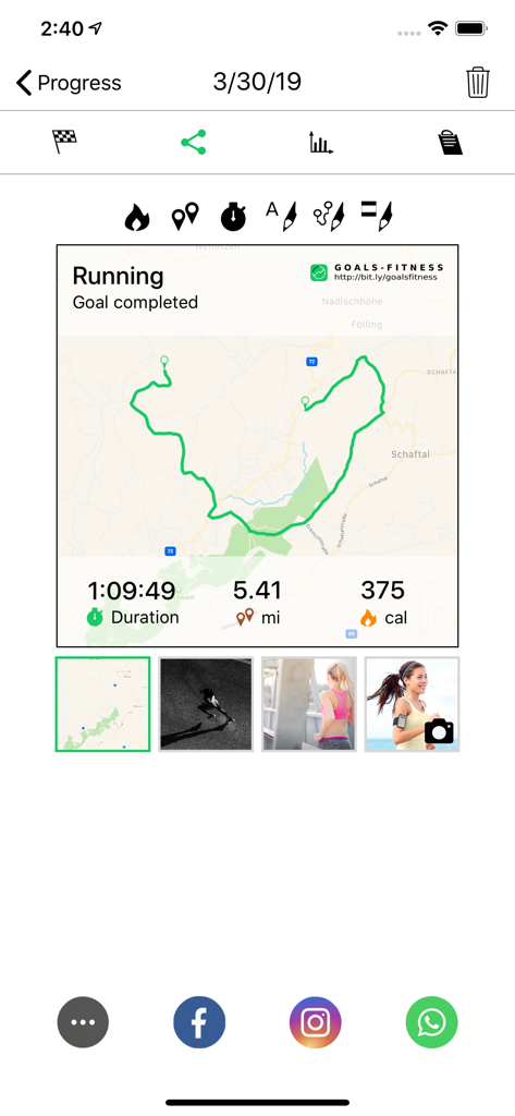 Workout summary screen in the Running Walking Tracker Goals app showing a run map and fitness statistics.