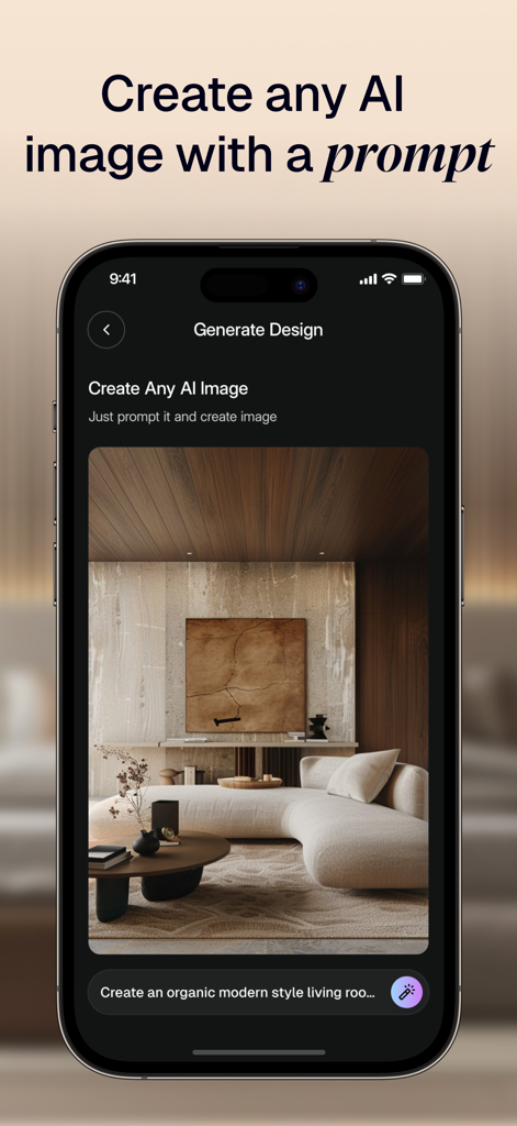 Archi AI app interface showing a prompt to generate an organic modern living room design