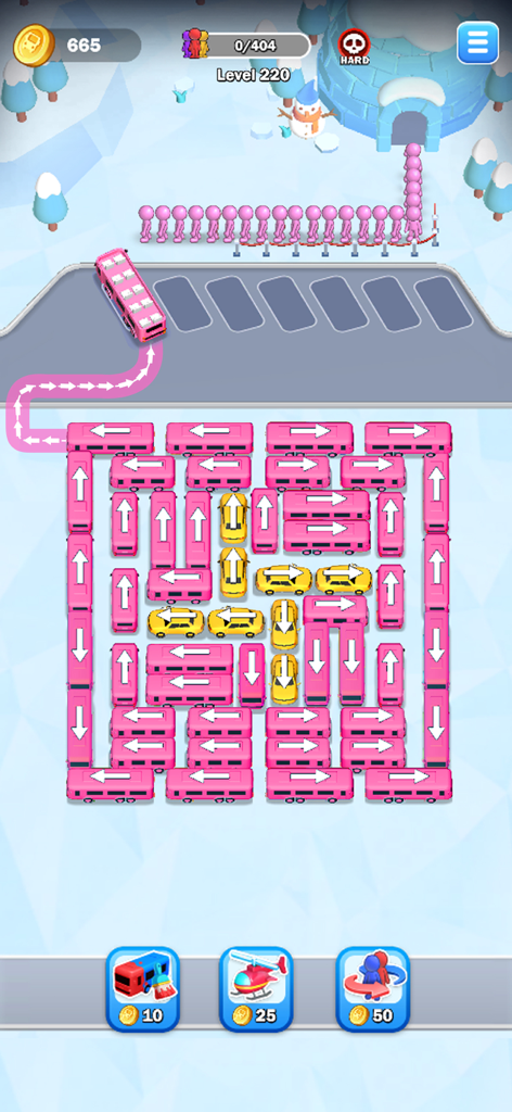 Car Jam 3D: Bus parking Master - Gameplay of Car Jam 3D showing pink buses in a parking puzzle with passengers waiting in a winter theme