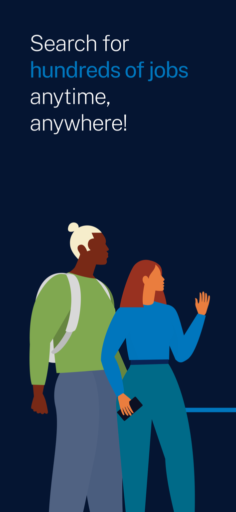 Workforce Australia - Workforce Australia app promotional screen showing an illustration of two people with the text Search for hundreds of jobs anytime anywhere