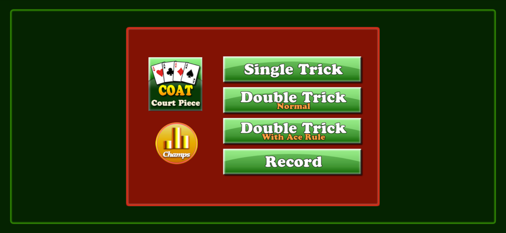 Card Game Coat : Court Piece - Main menu screen of the Court Piece card game showing game mode options like Single Trick and Double Trick