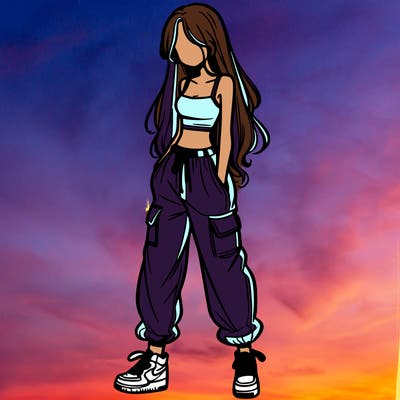 girl in baggy pants crop top and long hair