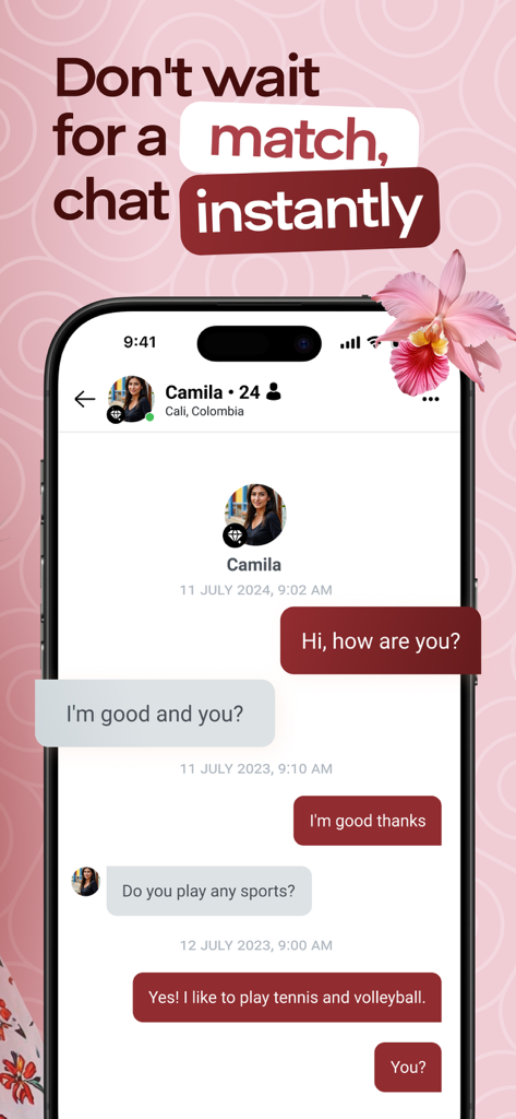 ColombianCupid: Latin Dating - 2人のユーザー間のインスタントチャット会話を示すColombianCupidアプリのインターフェース