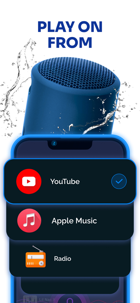 Interface showing music source options including YouTube and Apple Music for speaker playback