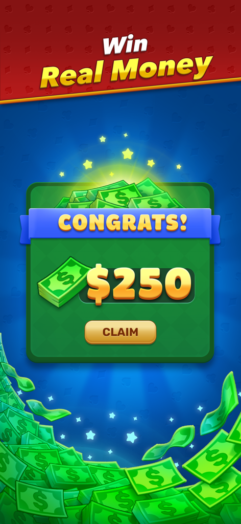 EasyWin: Solitaire & Real cash - Captura de tela do Paciência EasyWin mostrando uma notificação de prêmio em dinheiro real de duzentos e cinquenta dólares com um botão de reivindicação