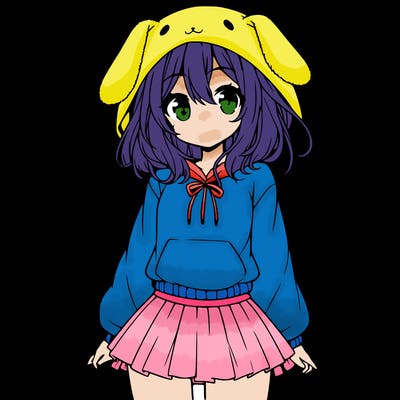 pretty anime girl wearing a fluffy hoodie with bunny ears on the hood and a skirt