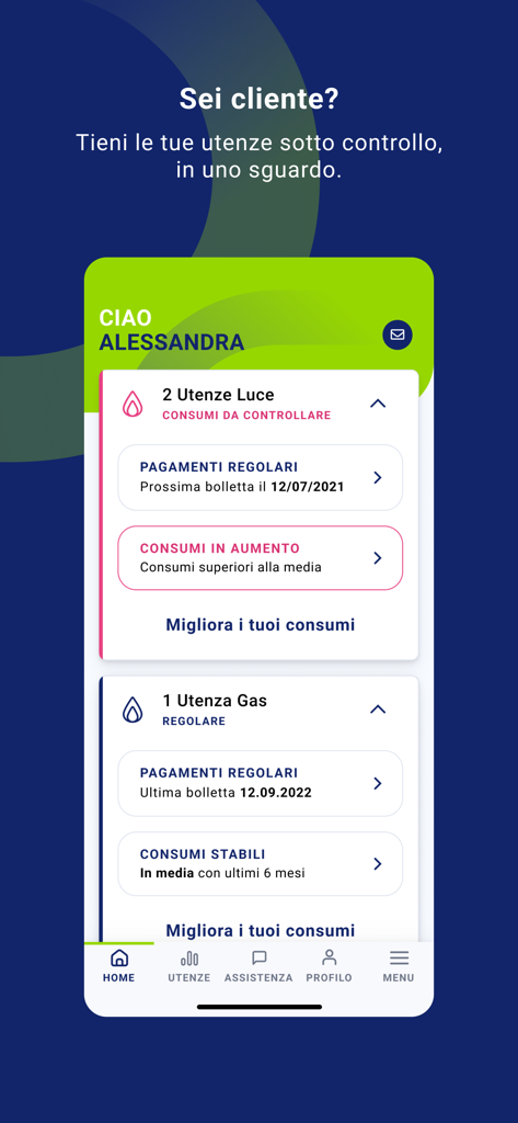 MySorgenia - Home screen of the MySorgenia app showing energy and gas consumption status