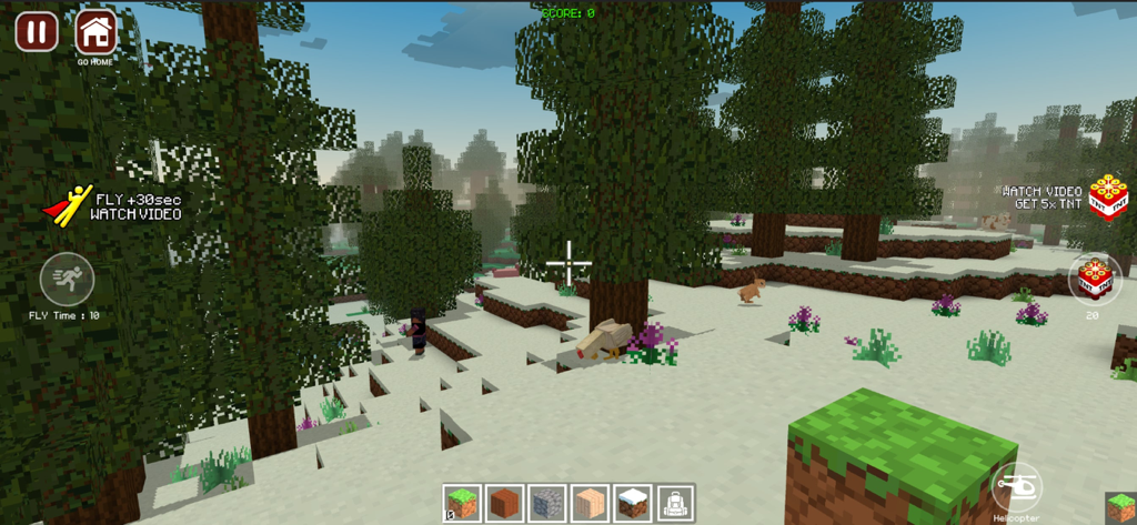 Captura de tela do jogo World Craft Dream Island mostrando uma paisagem de floresta nevada com árvores de voxels e animais.