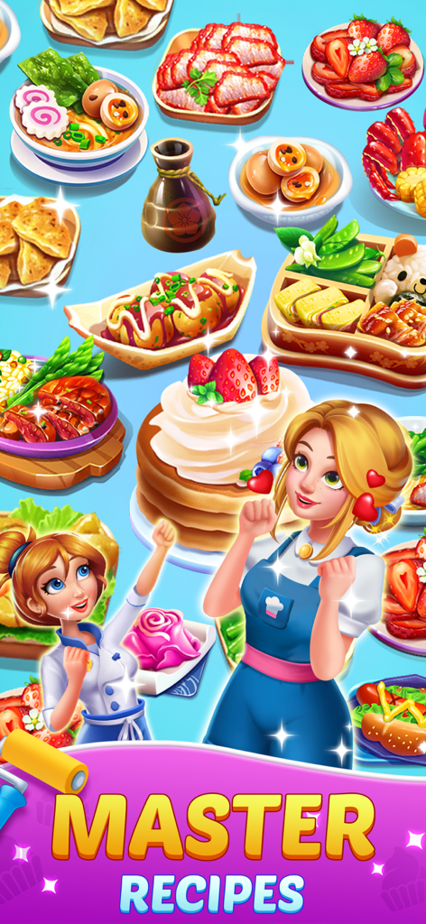 Merge Flavor: Decor Restaurant - Two female chefs celebrating surrounded by various colorful food dishes and a large pancake stack with the text Master Recipes