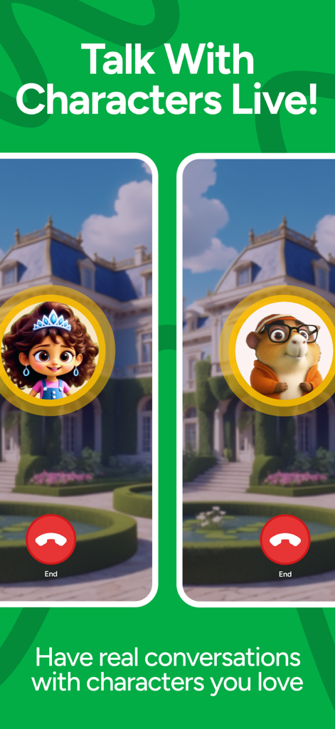 A screenshot of the Giant app showing the TalkTime feature where kids can have live conversations with cartoon characters like Princess Pia