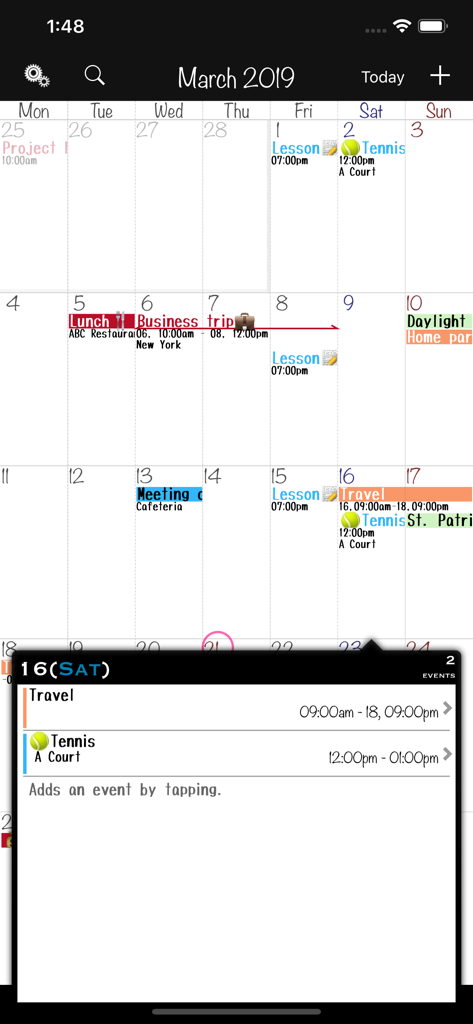 MonCal - Monthly calendar view with color coded events and a detailed daily event popup
