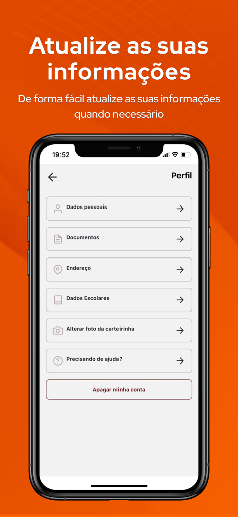 Vou de Meia - Tela de perfil do aplicativo Vou de Meia mostrando opções para atualizar informações pessoais e escolares do estudante
