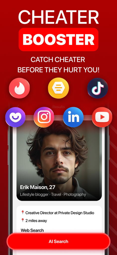 CheaterBuster - AI Checker - CheaterBuster App-Oberfläche zeigt ein KI-Gesichtssuchergebnis für ein Profil auf mehreren Social-Media-Plattformen