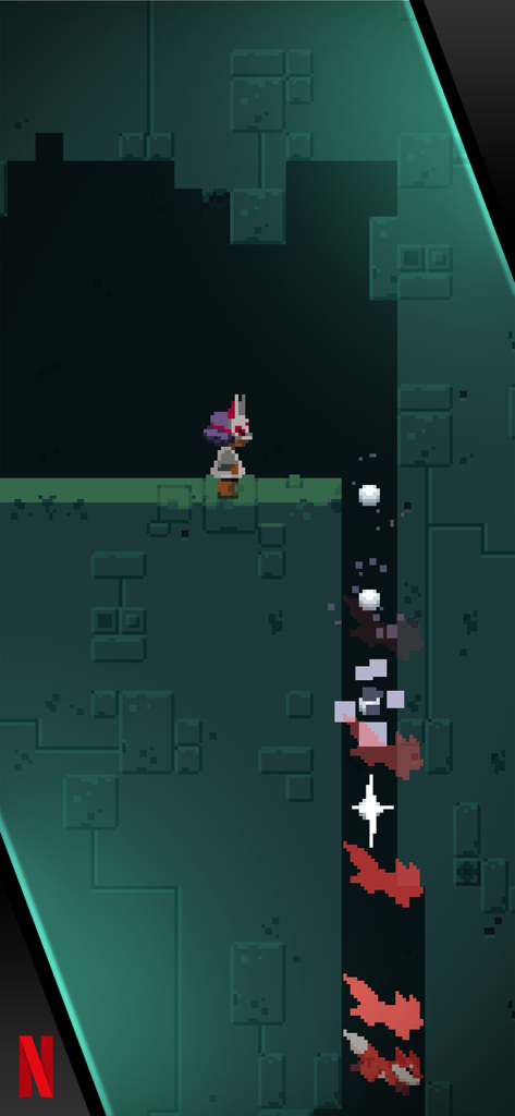 Lucky Luna - Luna character standing at the edge of a vertical shaft in a dark green pixel art dungeon.