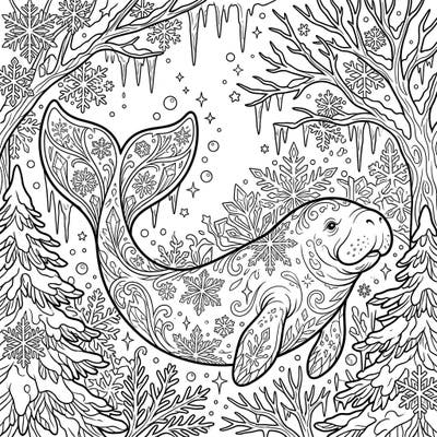Embark on a creative journey with this unique coloring page featuring a graceful manatee amidst a serene winter wonderland. Its intricate patterns and snowy surroundings offer a delightful challenge for artists of all ages, blending marine life with frosty charm.